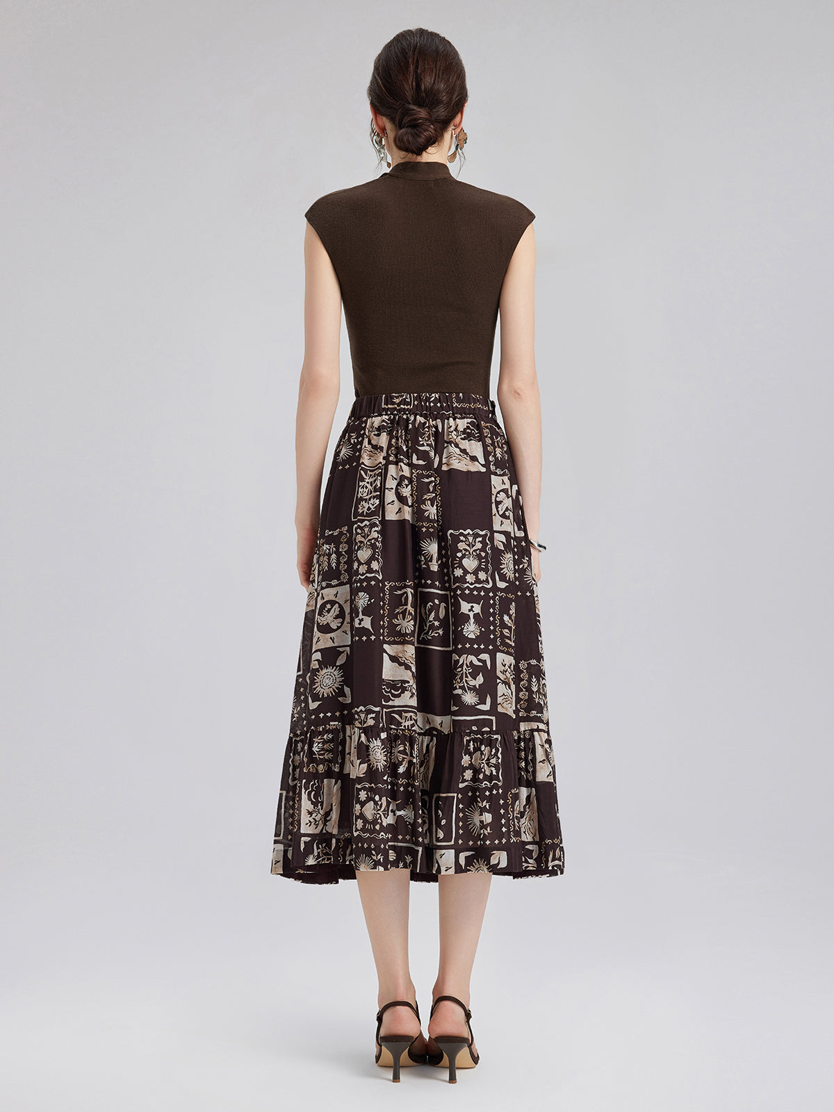 Silk Botanical Print Midi Skirt