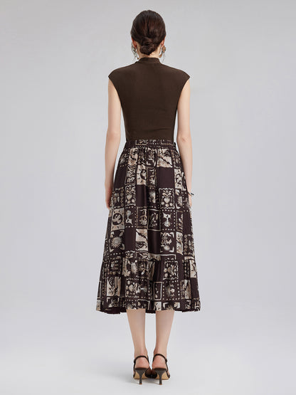 Silk Botanical Print Midi Skirt