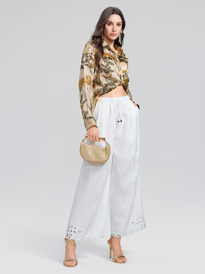 100% Silk Botanical Print Lantern Sleeve Slit Blouse