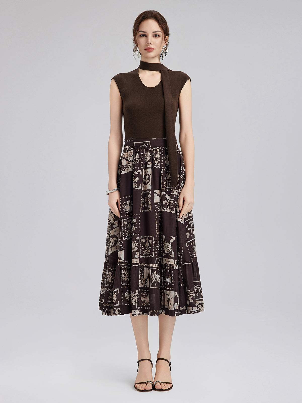Silk Botanical Print Midi Skirt
