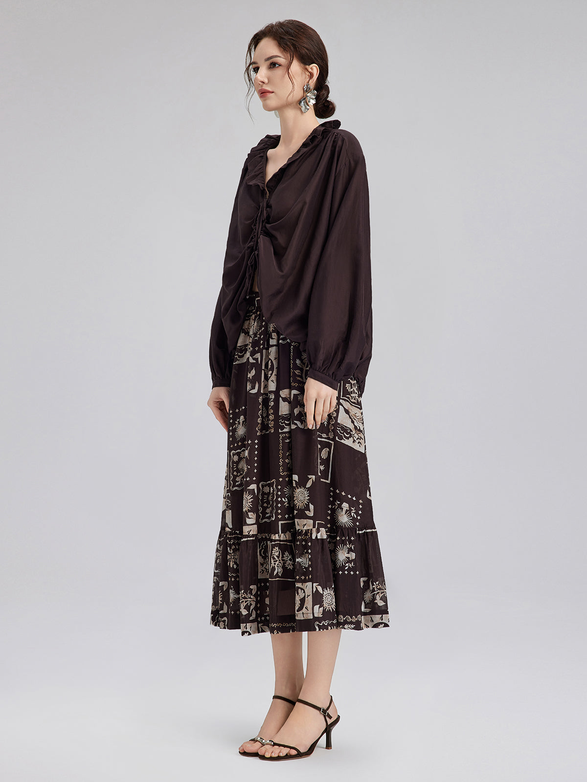 Silk Botanical Print Midi Skirt