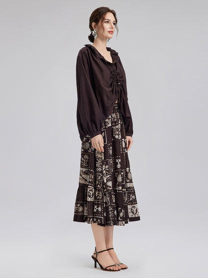 Silk Botanical Print Midi Skirt