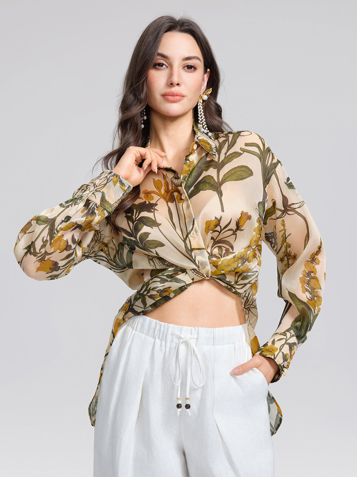 100% Silk Botanical Print Lantern Sleeve Slit Blouse