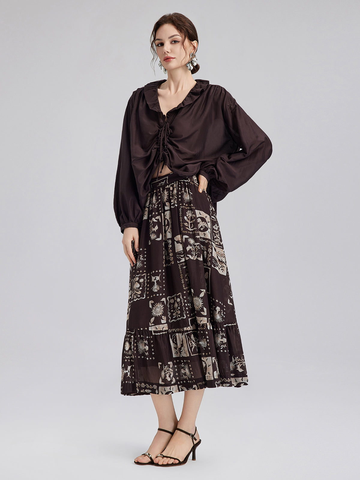 Silk Botanical Print Midi Skirt