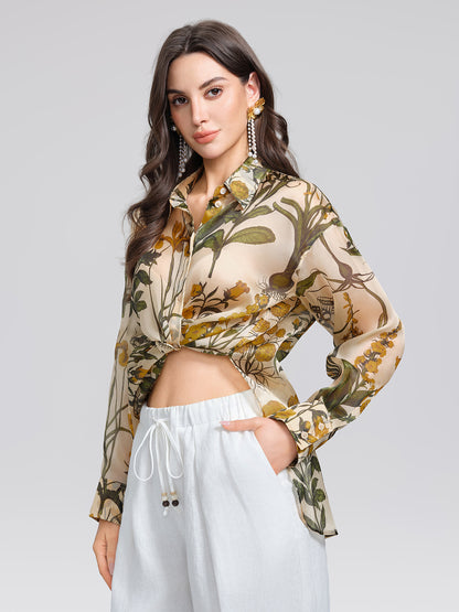 100% Silk Botanical Print Lantern Sleeve Slit Blouse