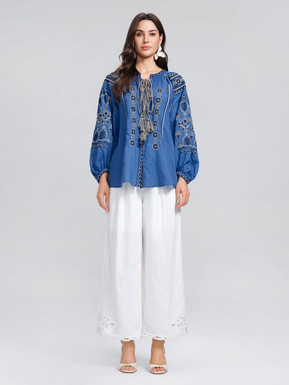 Rinen Ethnic Embroidered Tassel Tie Top
