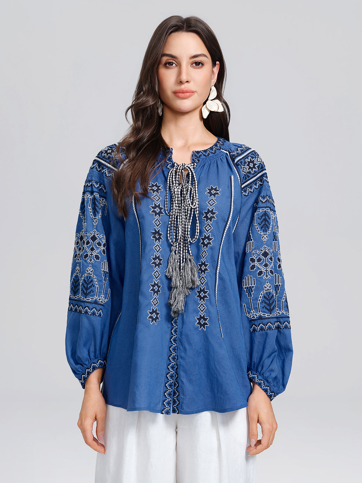 Rinen Ethnic Embroidered Tassel Tie Top