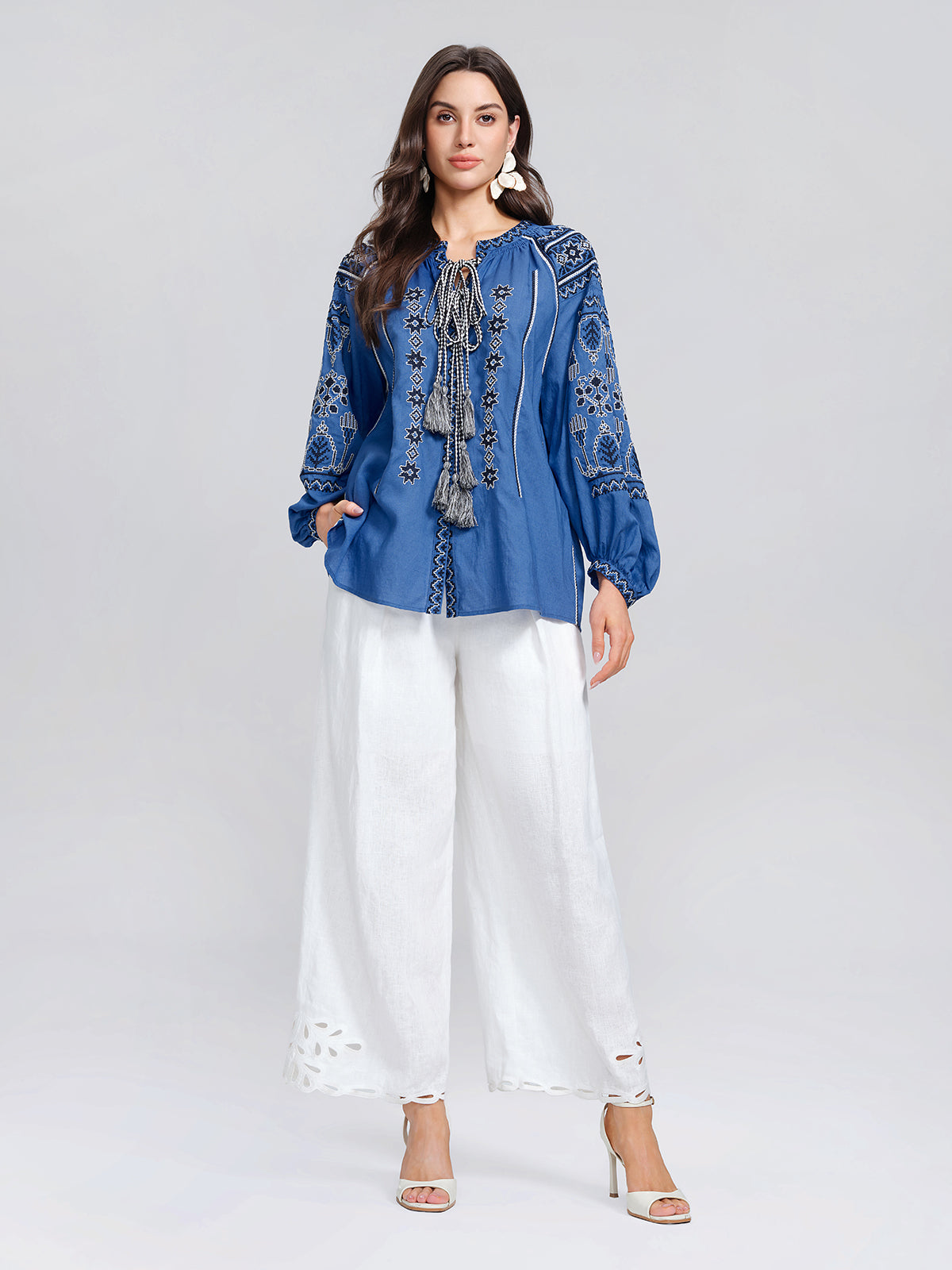 Rinen Ethnic Embroidered Tassel Tie Top