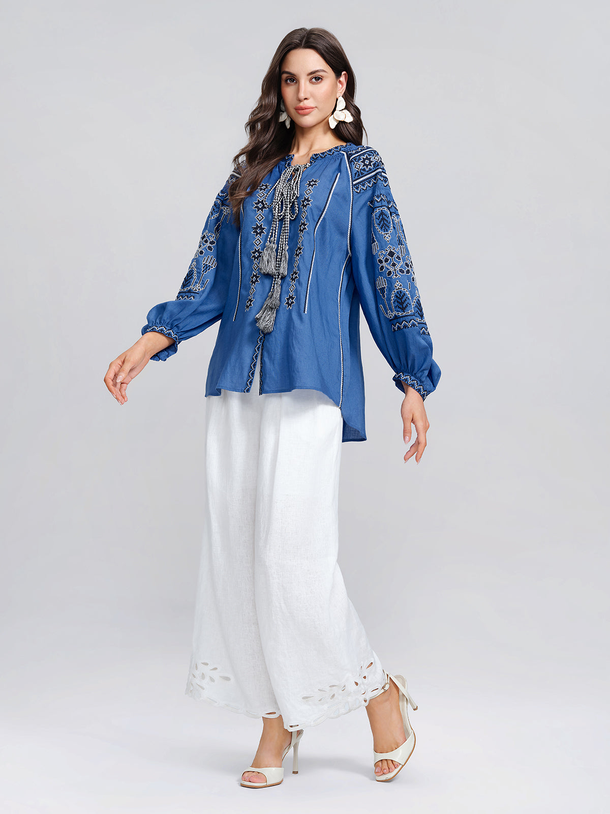 Rinen Ethnic Embroidered Tassel Tie Top