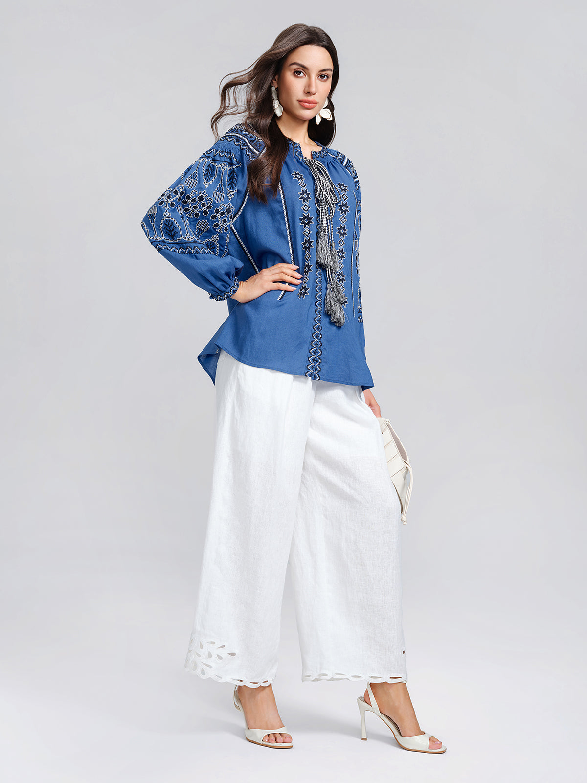 Rinen Ethnic Embroidered Tassel Tie Top