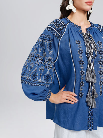 Rinen Ethnic Embroidered Tassel Tie Top