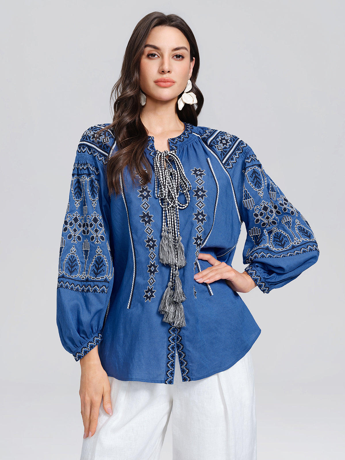 Rinen Ethnic Embroidered Tassel Tie Top