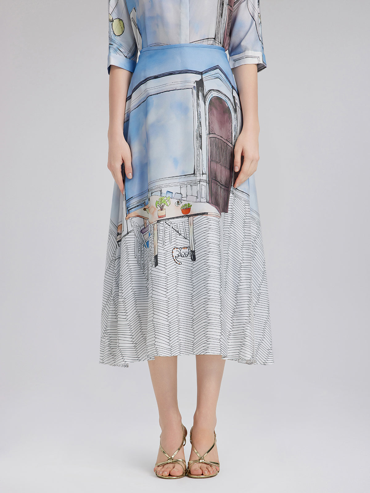 Silk Twill Printed Skirt (100% Silk)