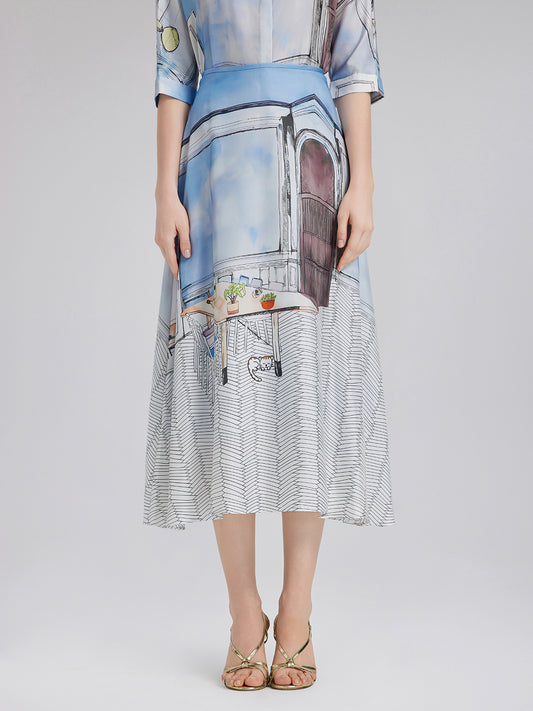 Silk Twill Printed Skirt (100% Silk)