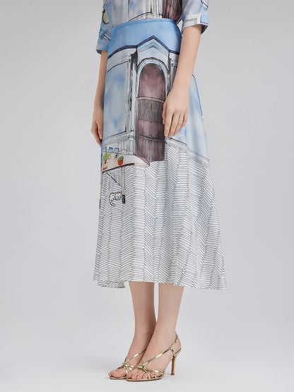 Silk Twill Printed Skirt (100% Silk)