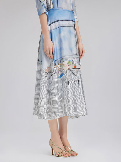 Silk Twill Printed Skirt (100% Silk)