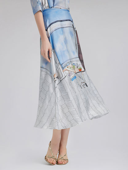 Silk Twill Printed Skirt (100% Silk)