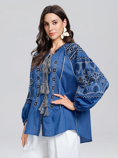 Rinen Ethnic Embroidered Tassel Tie Top