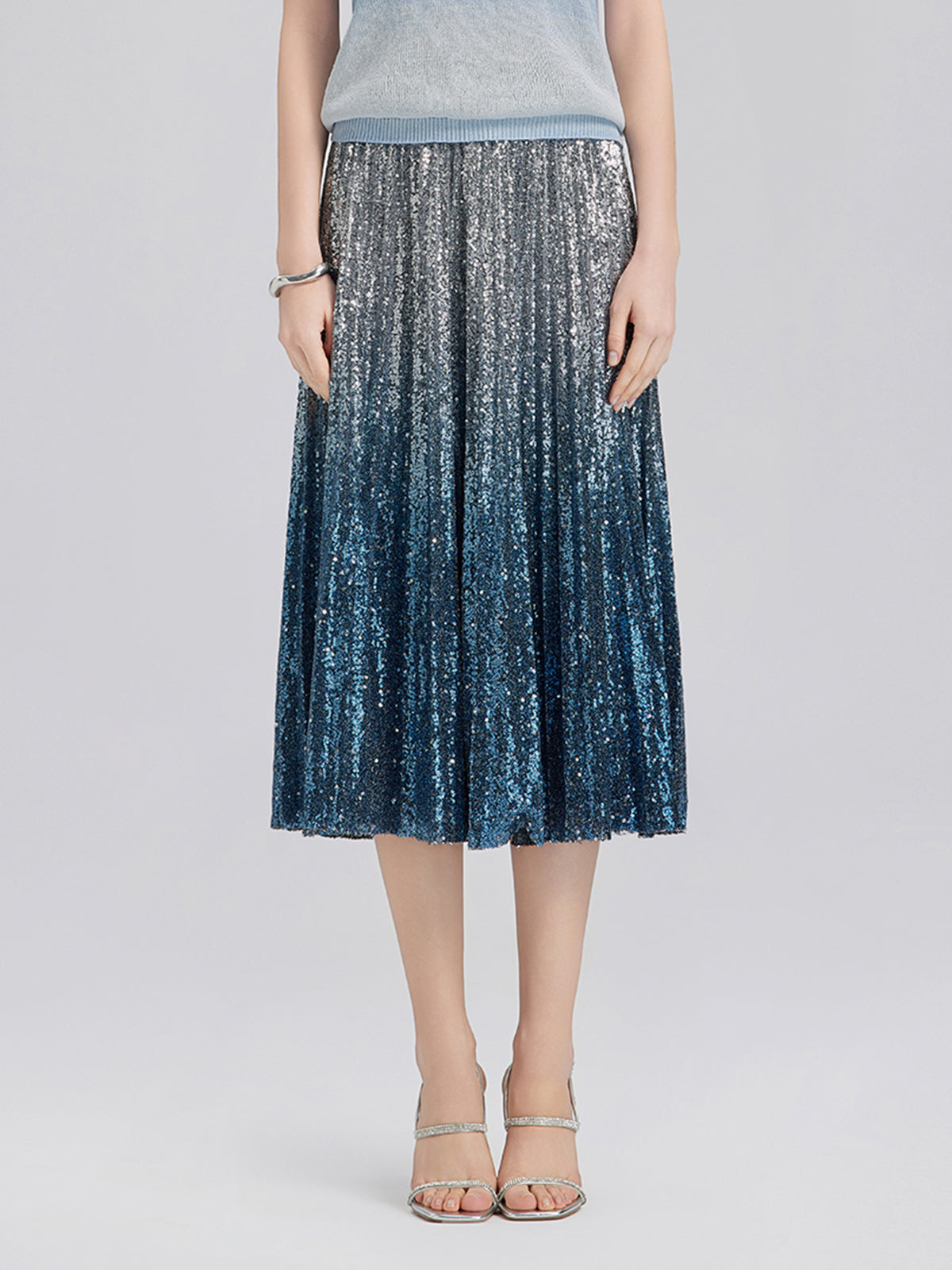 Ombre Sequin Pleated Midi Skirt