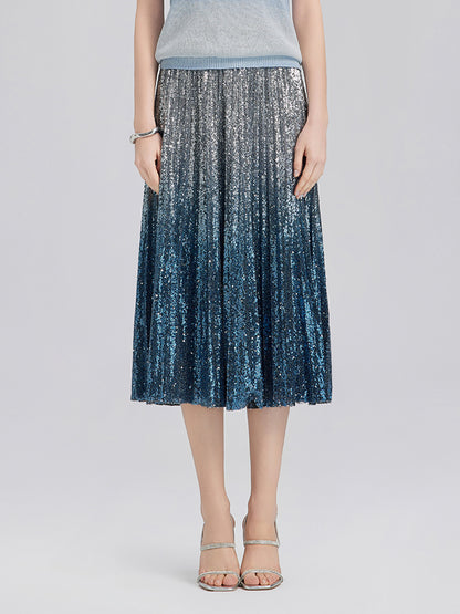 Ombre Sequin Pleated Midi Skirt