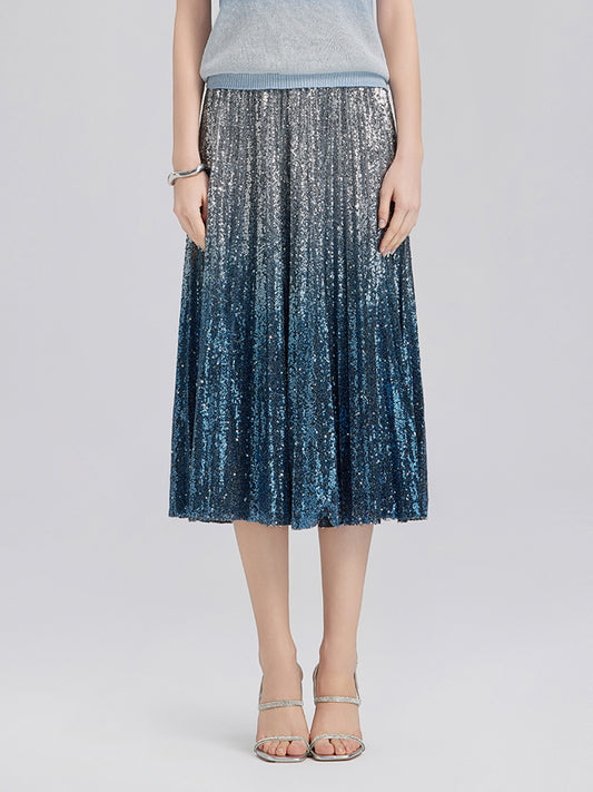 Ombre Sequin Pleated Midi Skirt