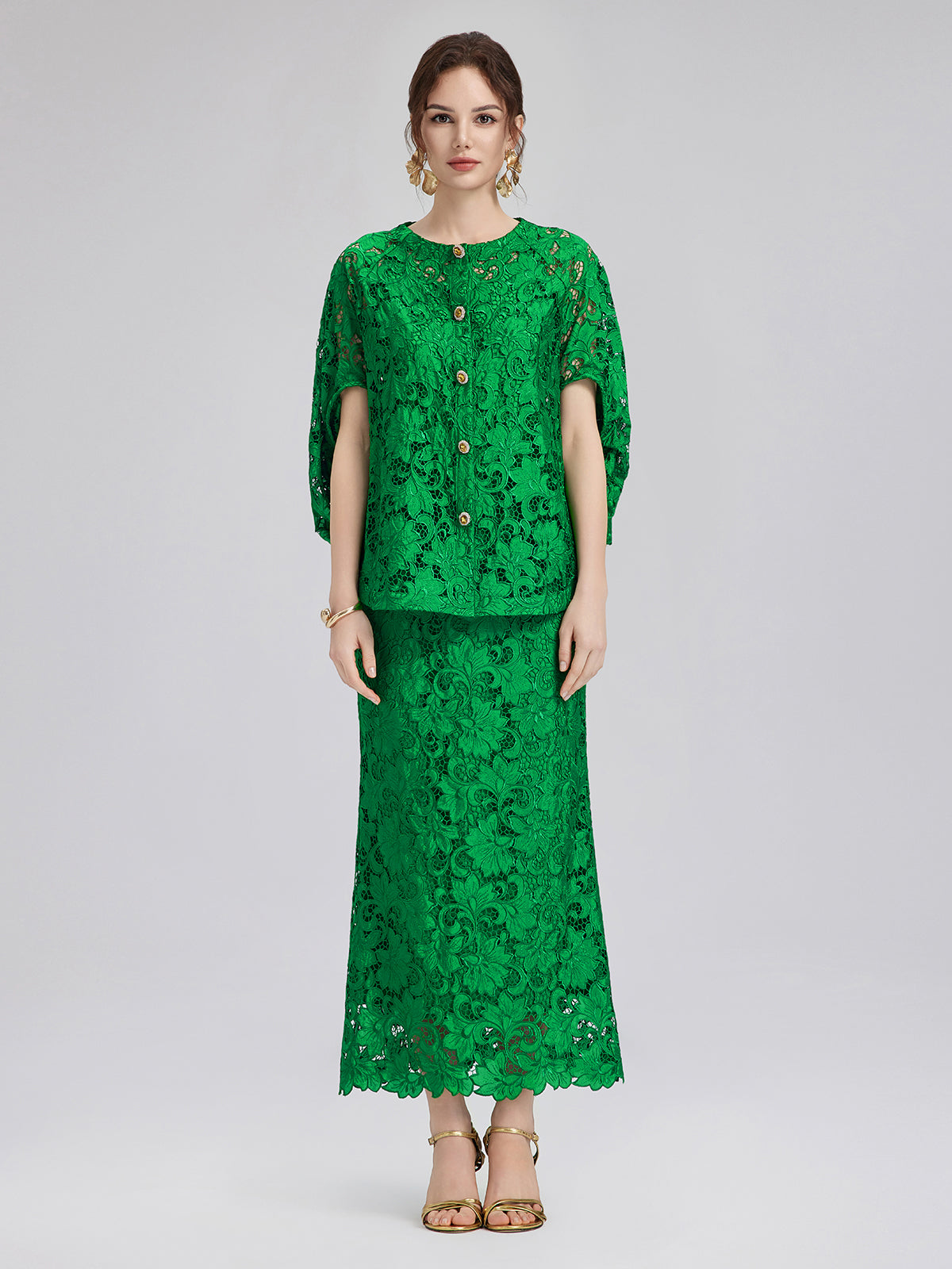Lace Appliqué Jewel-like Buttons Emerald Top