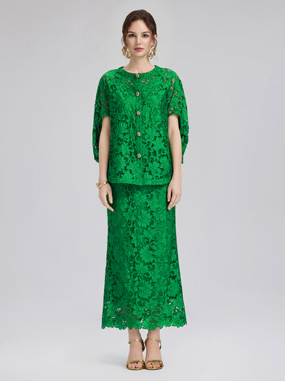 Lace Appliqué Jewel-like Buttons Emerald Top