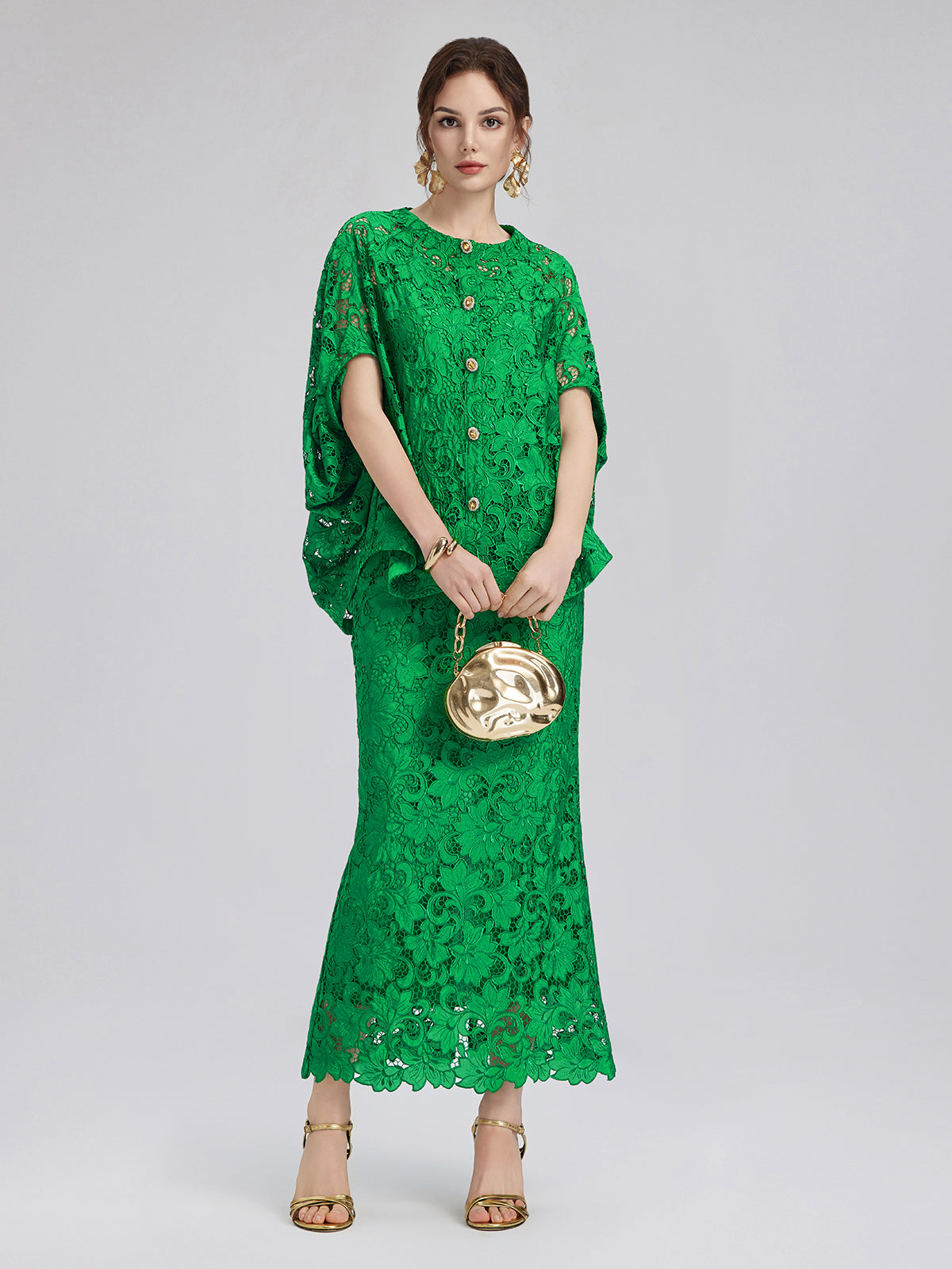 Lace Appliqué Jewel-like Buttons Emerald Top