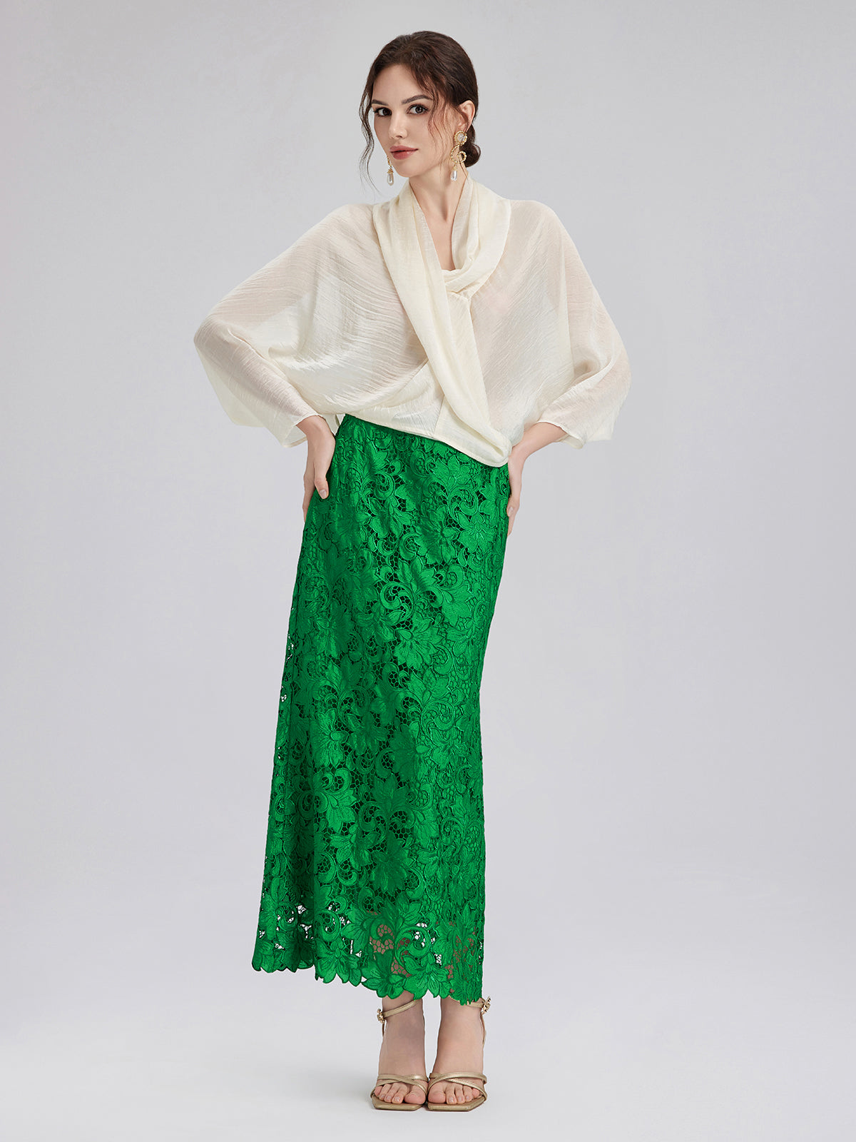 Lace Appliqué Emerald Pencil Skirt