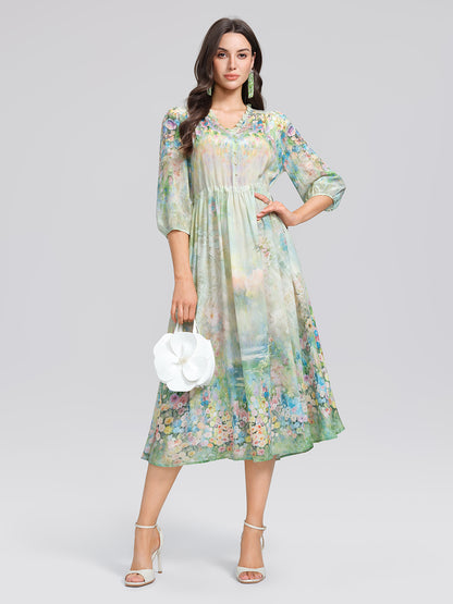 100% Silk Monet Garden Print Dress