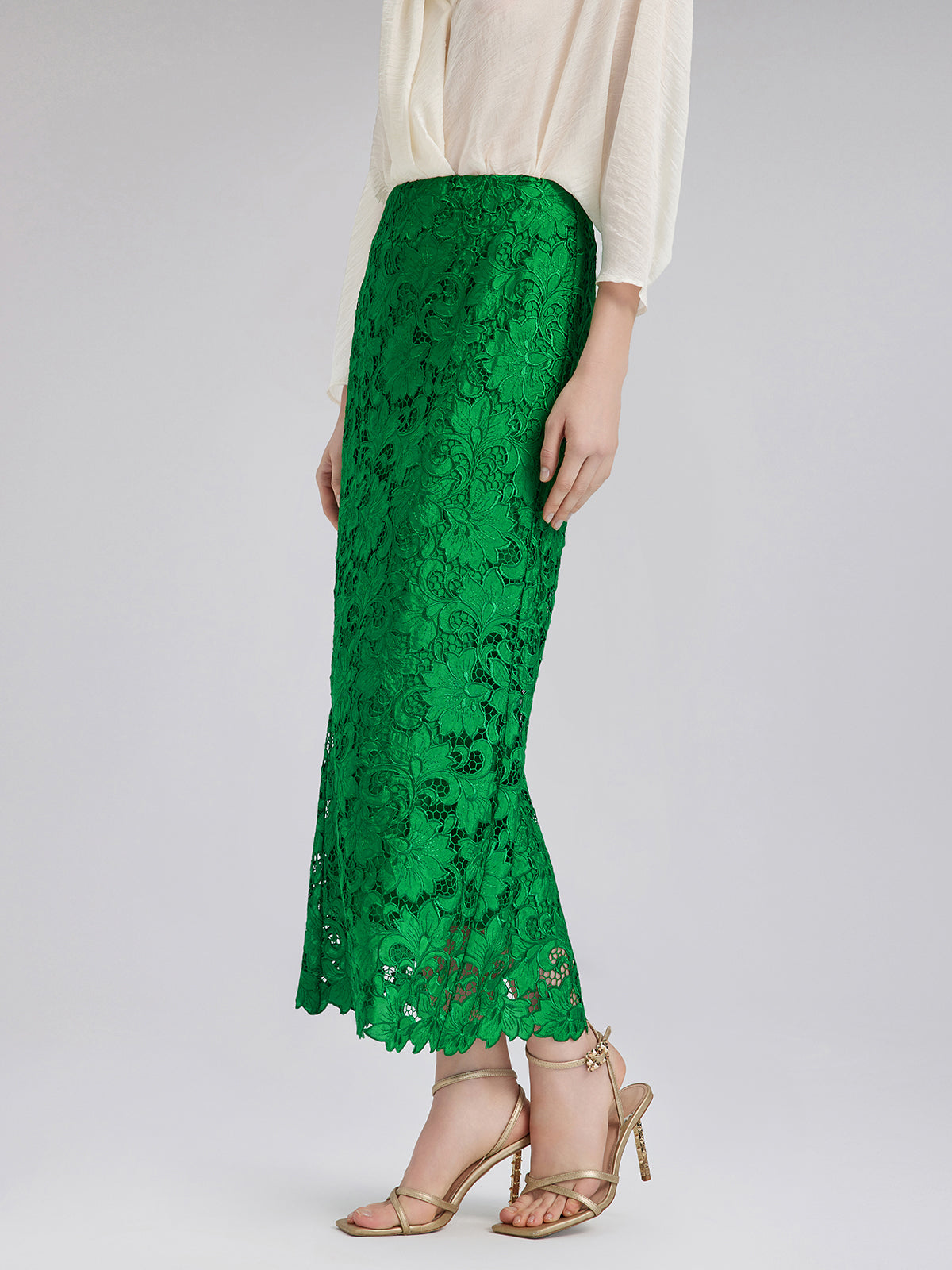 Lace Appliqué Emerald Pencil Skirt