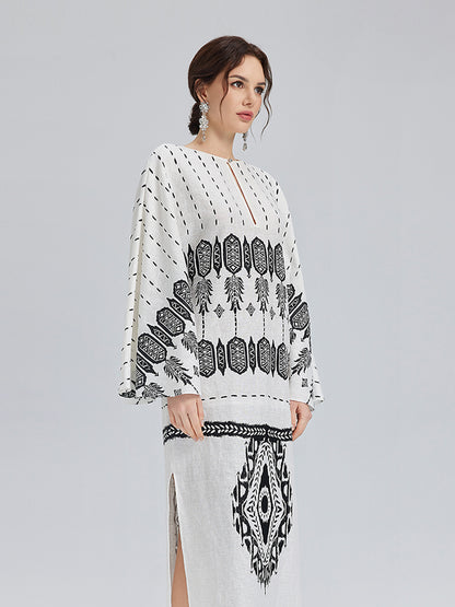 Linen Geometric Print Batwing Maxi Dress