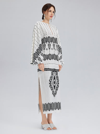 Linen Geometric Print Batwing Maxi Dress