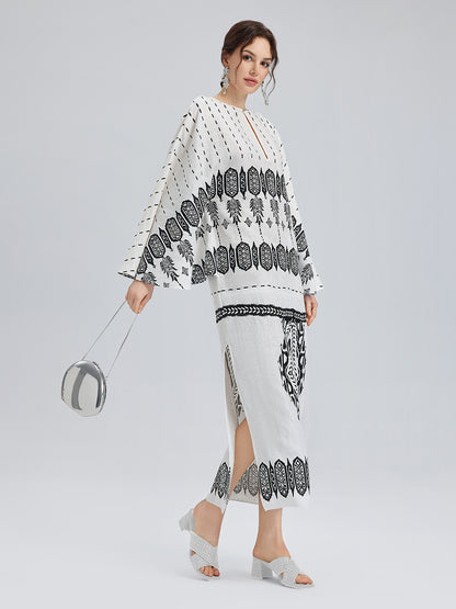 Linen Geometric Print Batwing Maxi Dress
