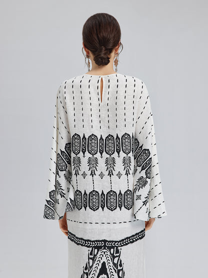 Linen Geometric Print Batwing Maxi Dress