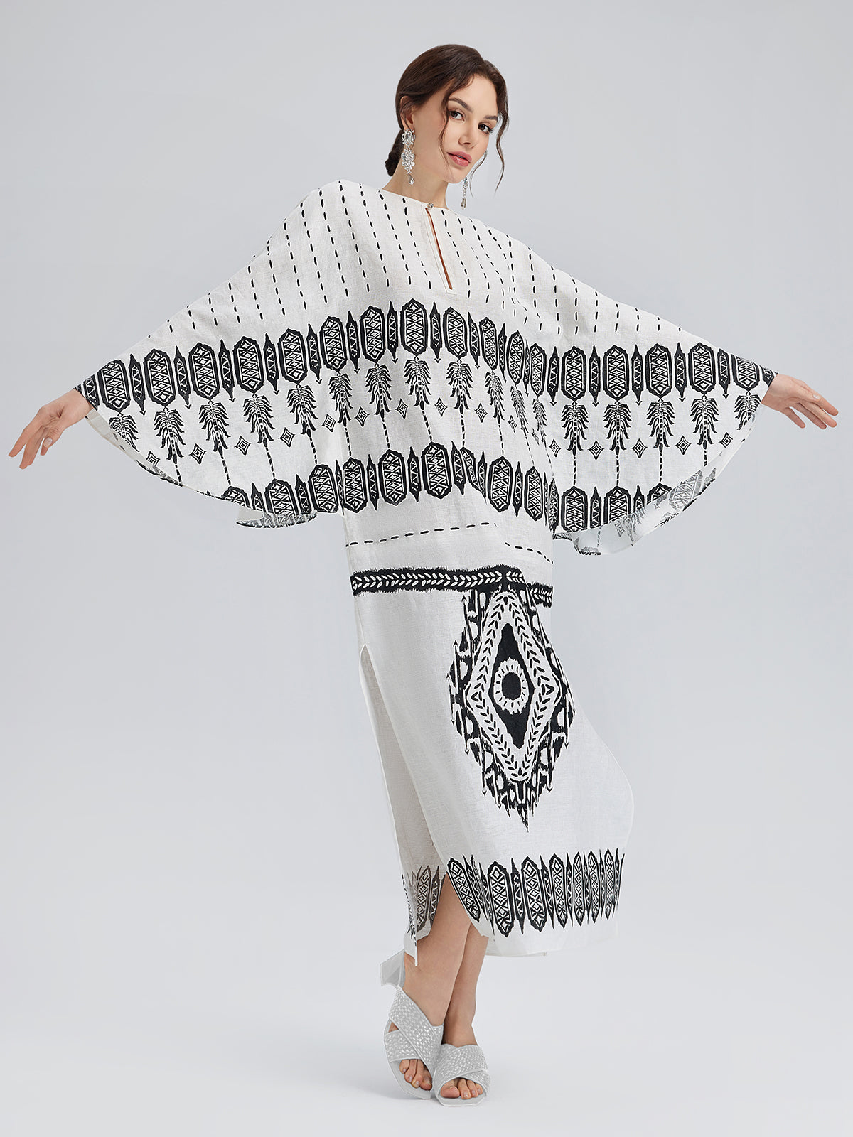 Linen Geometric Print Batwing Maxi Dress