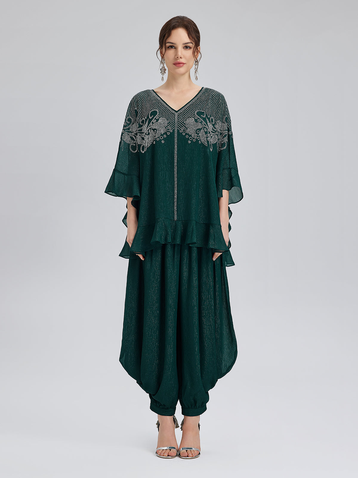 Silver-threaded Chiffon Gathered Carrot Pants