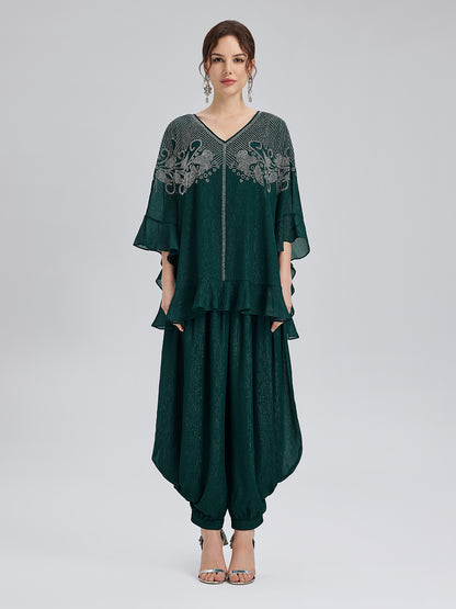 Silver-threaded Chiffon Gathered Carrot Pants