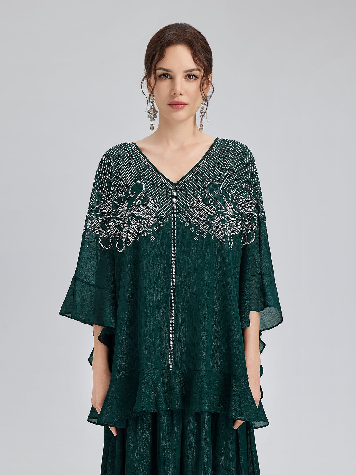 Metallic Chiffon Rhinestone V-Neck Top
