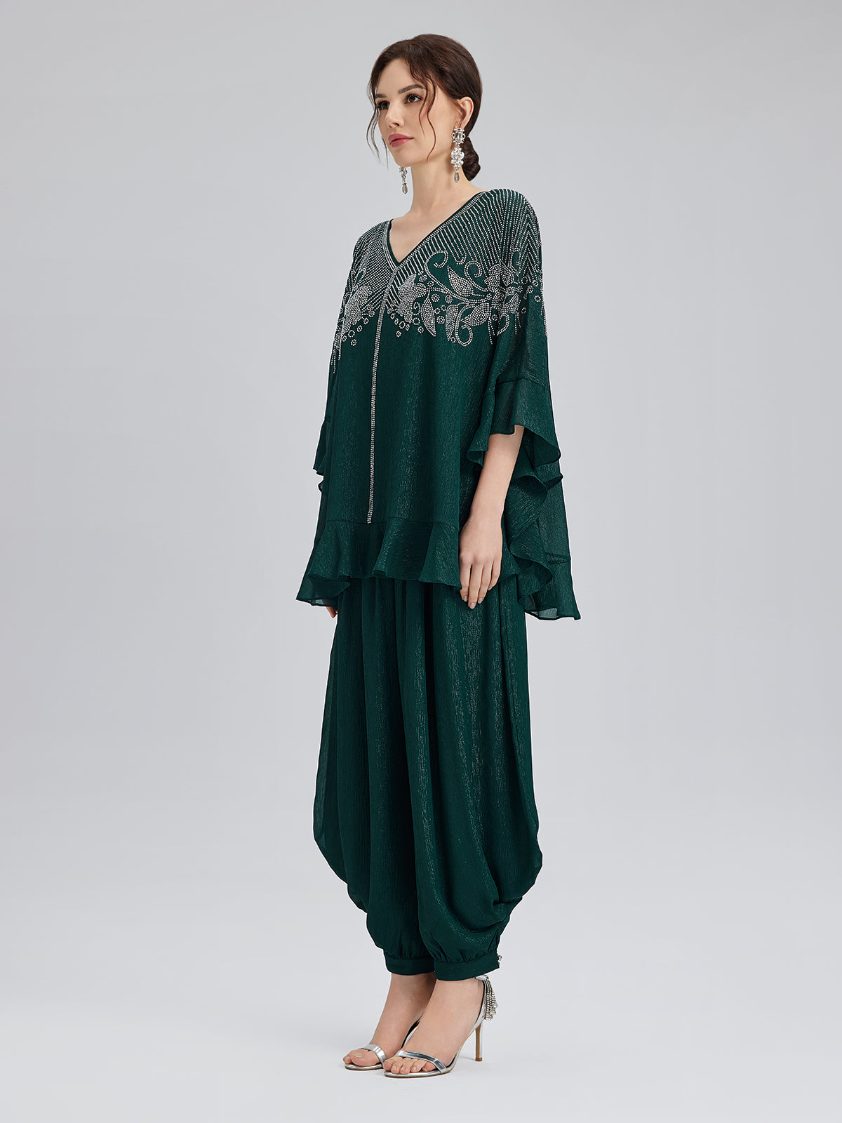 Metallic Chiffon Rhinestone V-Neck Top