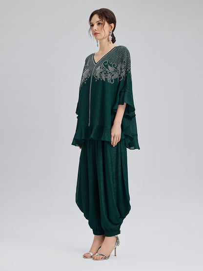 Metallic Chiffon Rhinestone V-Neck Top