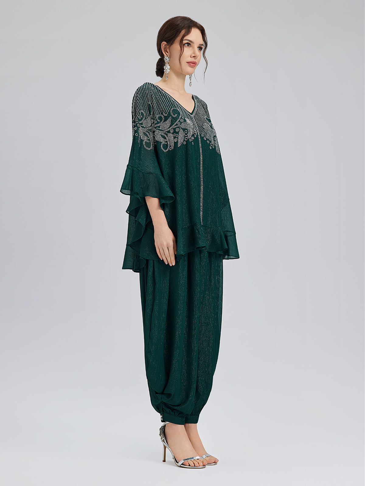 Metallic Chiffon Rhinestone V-Neck Top