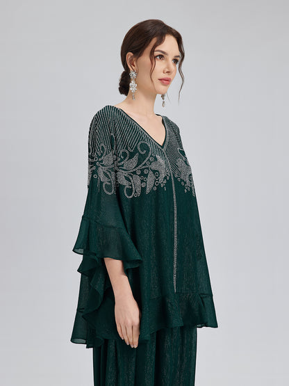 Metallic Chiffon Rhinestone V-Neck Top