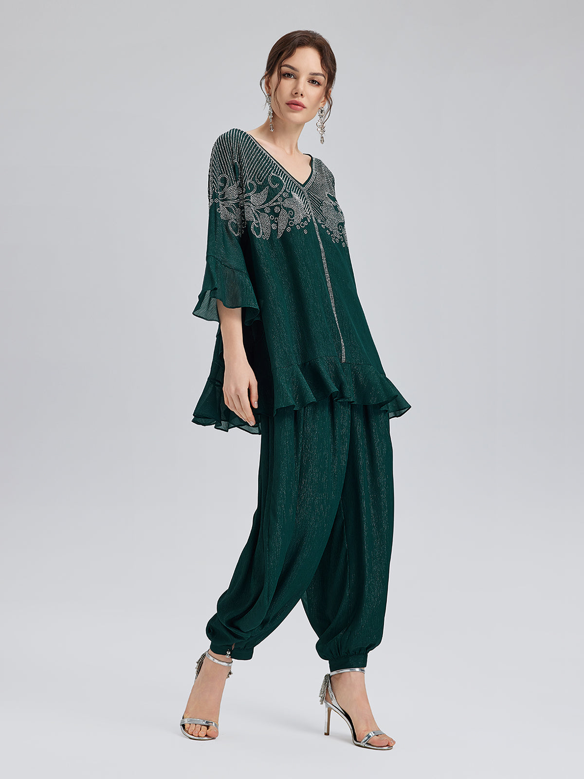 Metallic Chiffon Rhinestone V-Neck Top