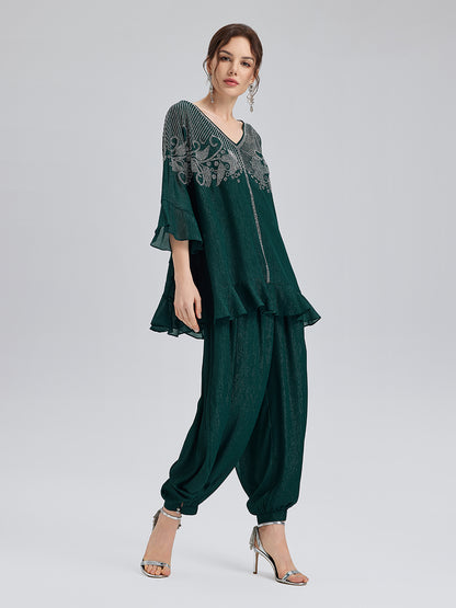 Metallic Chiffon Rhinestone V-Neck Top