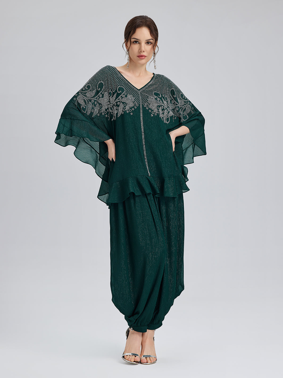 Metallic Chiffon Rhinestone V-Neck Top