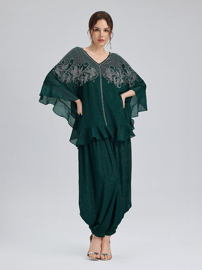 Metallic Chiffon Rhinestone V-Neck Top