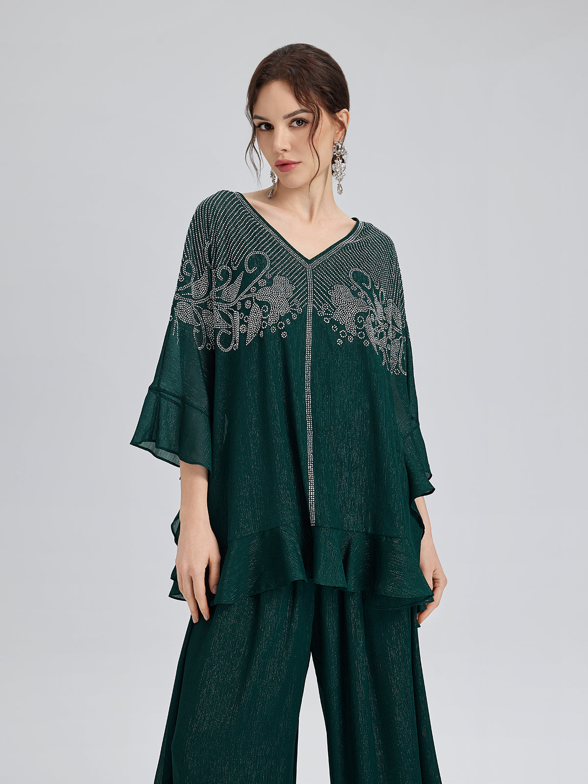 Metallic Chiffon Rhinestone V-Neck Top