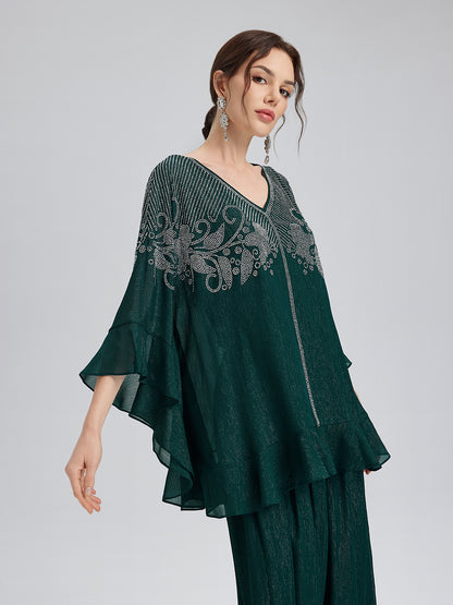 Metallic Chiffon Rhinestone V-Neck Top