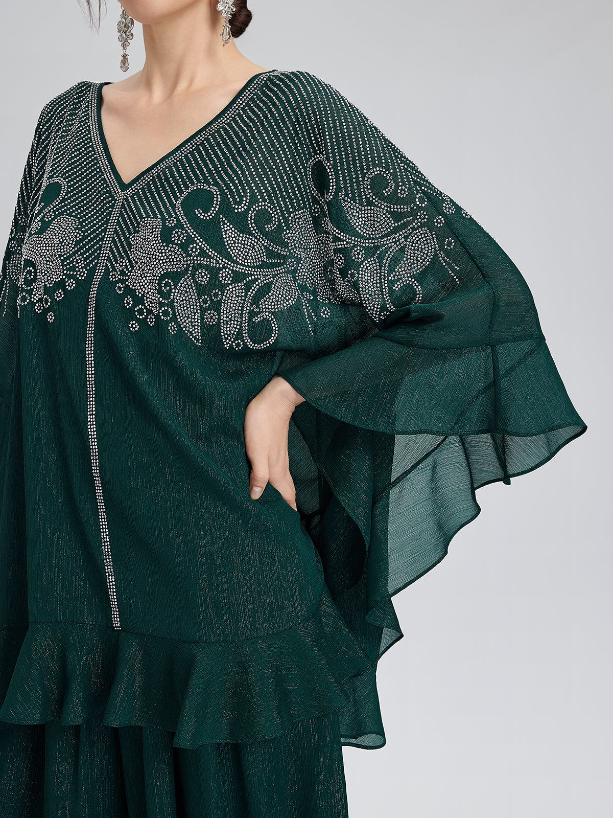 Metallic Chiffon Rhinestone V-Neck Top
